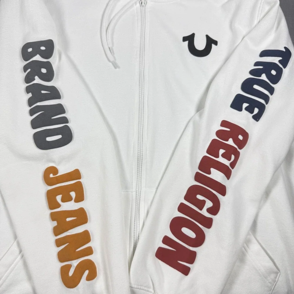 True Religion Mens White Graphic Sleeve Full Zip Hoodie Sweatshirt 2XL